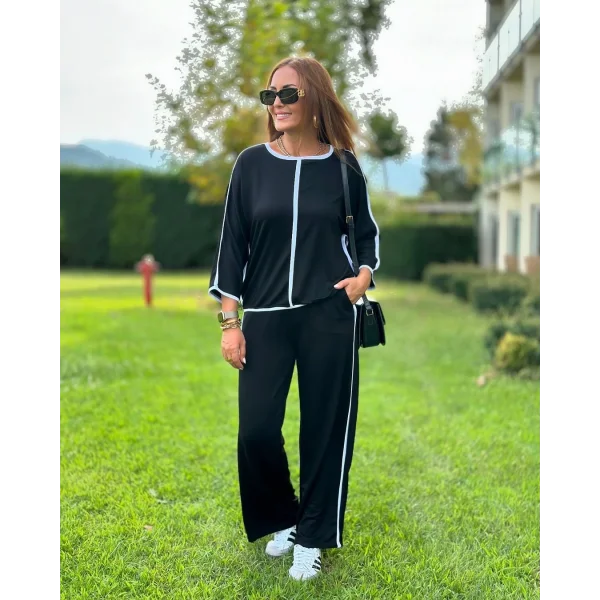 Kadın Bisiklet Yaka Fakir Kol Biye Detay Bluz Ve Yüksek Bel Lastikli Pantolon Ikili Takım