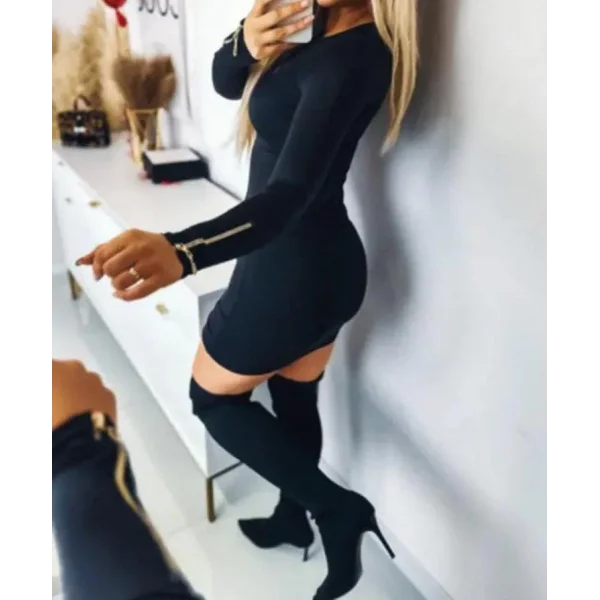 Kadın Bisiklet Yaka Fermuar Detay Fırsat ürün Büzgülü ini Elbise