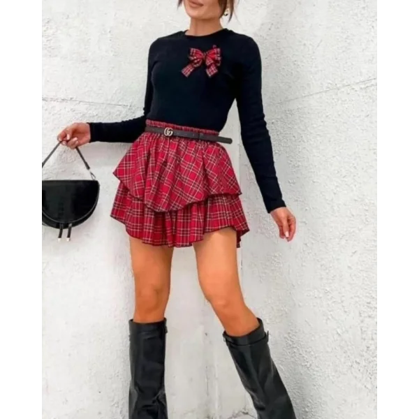 Kadın  Bisiklet Yaka Fiyonk Detay Bluz Ve Volan Detay ini Ekose Etek Fırsat ürün Ikili Takım