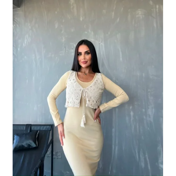 Kadın Bisiklet Yaka idi Boy Elbise Ve Dantel Güpür Detay Yelek Fırsat ürün Ikili Takım