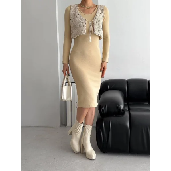 Kadın Bisiklet Yaka idi Boy Elbise Ve Dantel Güpür Detay Yelek Fırsat ürün Ikili Takım