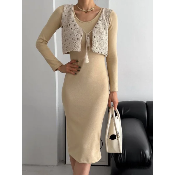 Kadın Bisiklet Yaka idi Boy Elbise Ve Dantel Güpür Detay Yelek Fırsat ürün Ikili Takım