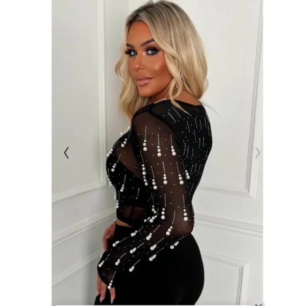 Kadın Bisiklet Yaka Inci Detay Full Transparan Bluz Ve Yüksek Bel Ispanyol Paça Dalgıç Kumaş Pantolon Ikili Takım