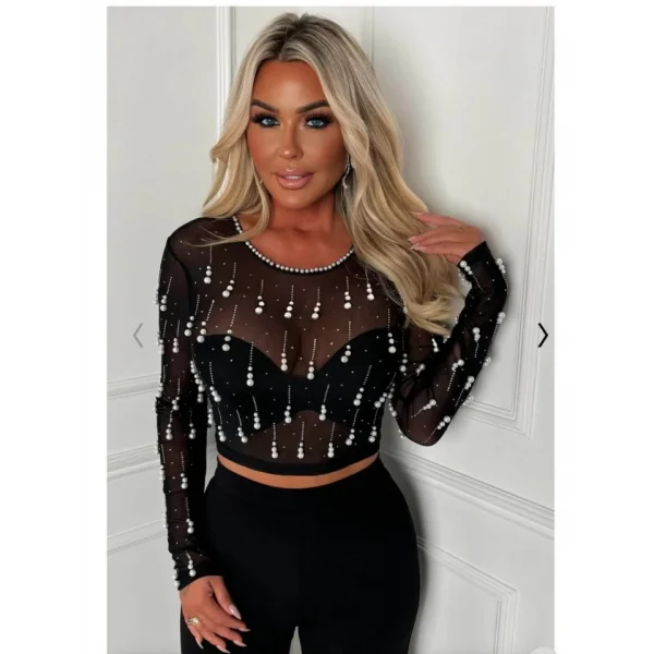 Kadın Bisiklet Yaka Inci Detay Full Transparan Bluz Ve Yüksek Bel Ispanyol Paça Dalgıç Kumaş Pantolon Ikili Takım