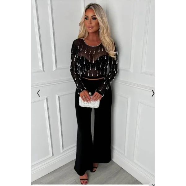 Kadın Bisiklet Yaka Inci Detay Full Transparan Bluz Ve Yüksek Bel Ispanyol Paça Dalgıç Kumaş Pantolon Ikili Takım