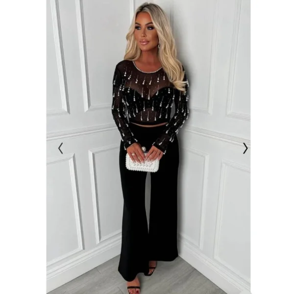 Kadın Bisiklet Yaka Inci Detay Full Transparan Bluz Ve Yüksek Bel Ispanyol Paça Dalgıç Kumaş Pantolon Ikili Takım