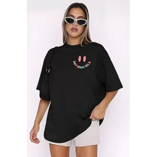 Kadın Bisiklet Yaka Kısa Kol Baskılı T-shirt - Siyah