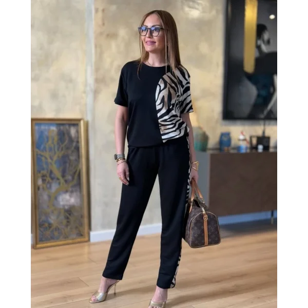 Kadın Bisiklet Yaka Kısa Kol eopar Desen Bluz Ve Pantolon Ikili Takım