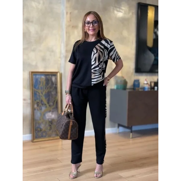 Kadın Bisiklet Yaka Kısa Kol eopar Desen Bluz Ve Pantolon Ikili Takım