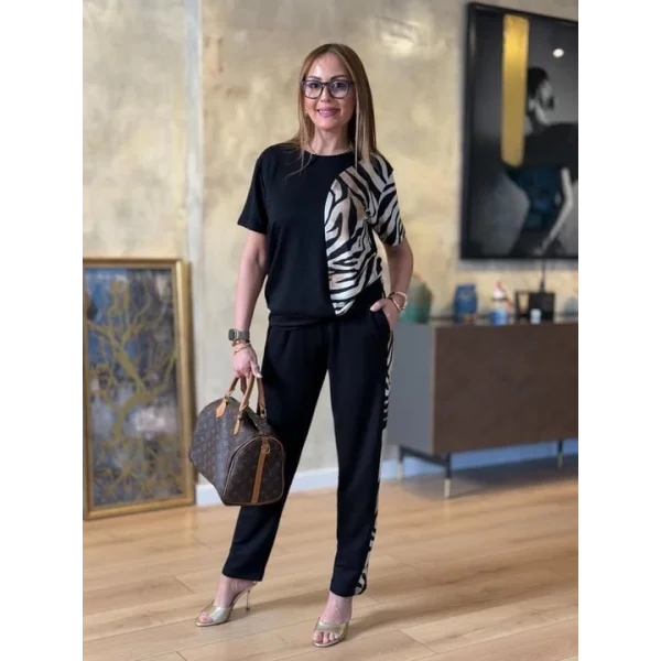 Kadın Bisiklet Yaka Kısa Kol eopar Desen Bluz Ve Pantolon Ikili Takım