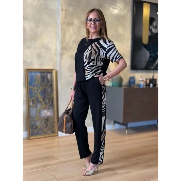 Kadın Bisiklet Yaka Kısa Kol eopar Desen Bluz Ve Pantolon Ikili Takım