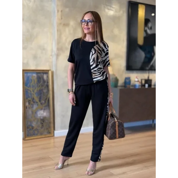 Kadın Bisiklet Yaka Kısa Kol eopar Desen Bluz Ve Pantolon Ikili Takım