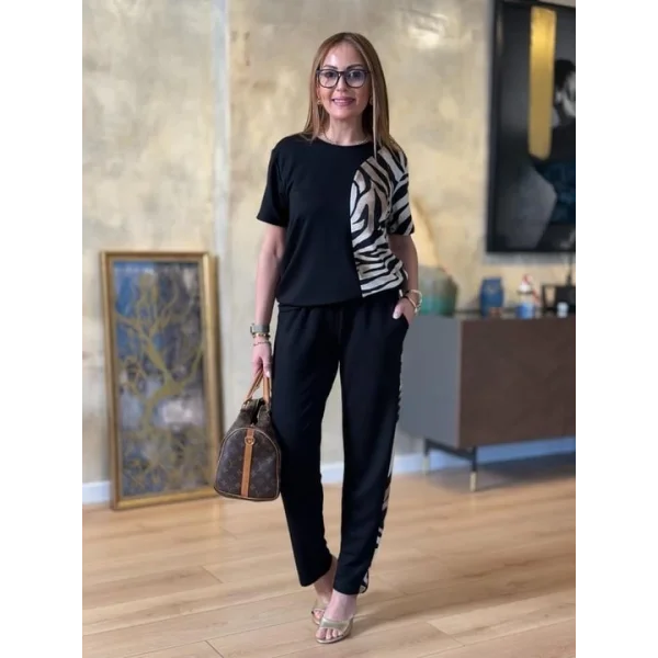 Kadın Bisiklet Yaka Kısa Kol eopar Desen Bluz Ve Pantolon Ikili Takım