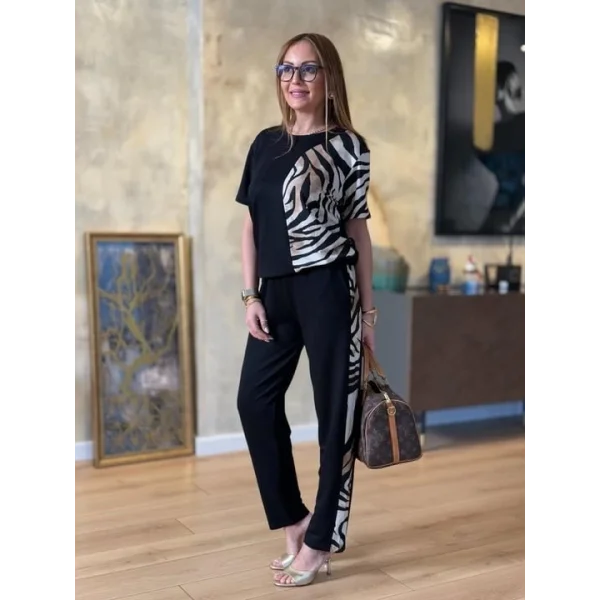 Kadın Bisiklet Yaka Kısa Kol eopar Desen Bluz Ve Pantolon Ikili Takım