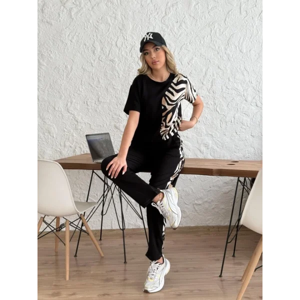 Kadın Bisiklet Yaka Kısa Kol Leopar Desen Bluz Ve Pantolon Ikili Takım