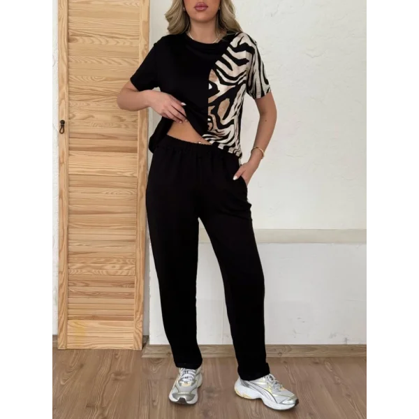 Kadın Bisiklet Yaka Kısa Kol Leopar Desen Bluz Ve Pantolon Ikili Takım