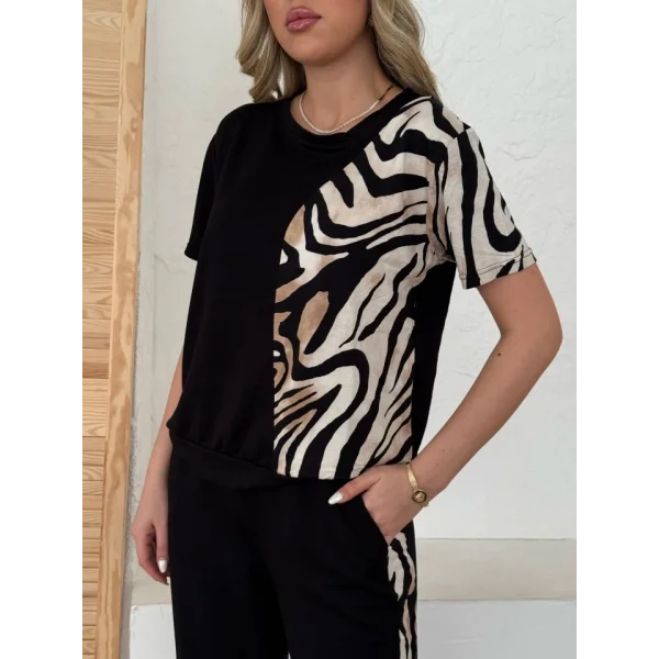 Kadın Bisiklet Yaka Kısa Kol Leopar Desen Bluz Ve Pantolon Ikili Takım