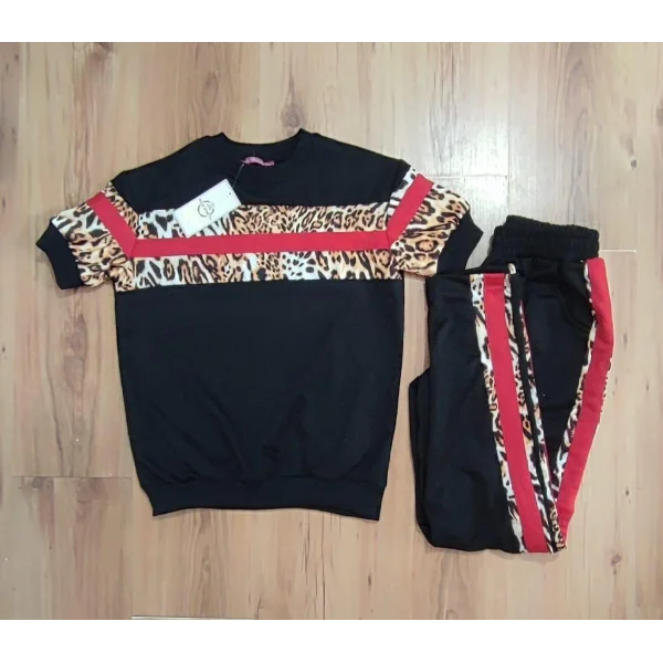 Kadın Bisiklet Yaka Kısa Kol Leopar Garni Detay Iki Iplik Kumaş Ikili Takım
