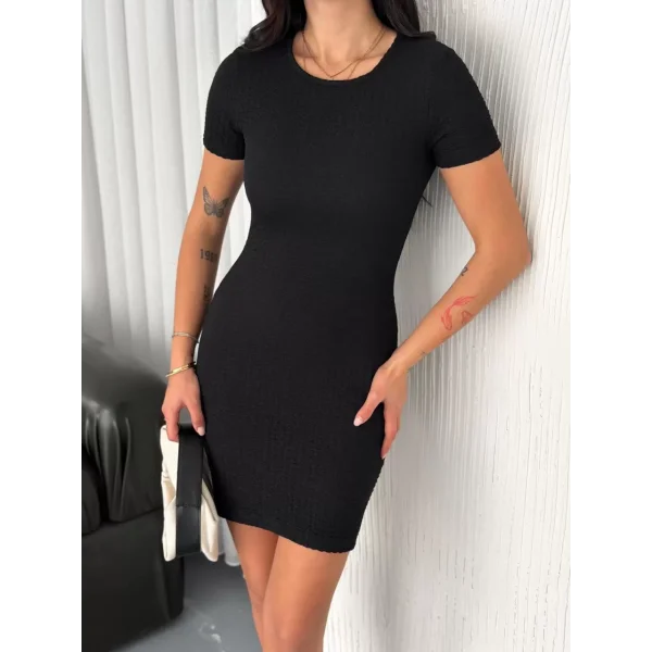 Kadın Bisiklet Yaka Kısa Kol Likralı Elbise - Siyah