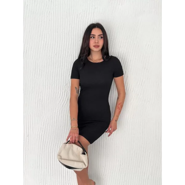 Kadın Bisiklet Yaka Kısa Kol Likralı Elbise - Siyah