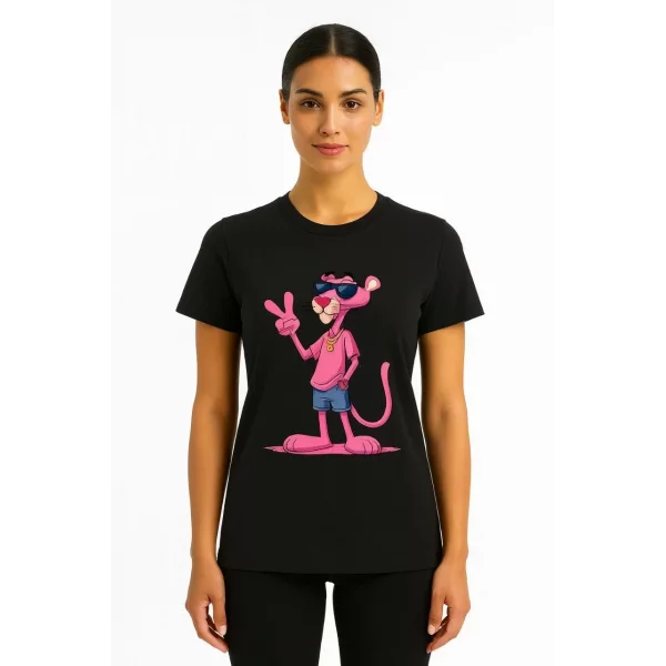 Kadın Bisiklet Yaka Kısa Kollu Baskılı T-shirt - Siyah