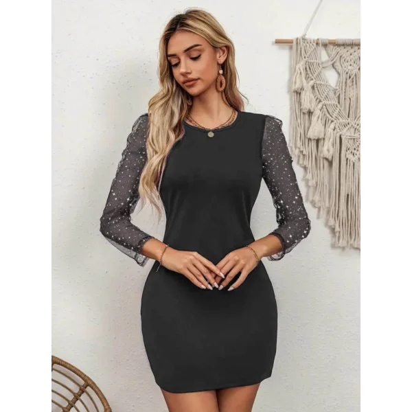 Kadın Bisiklet Yaka Kol Tül Detay Dalgıç Mini Boy Elbise