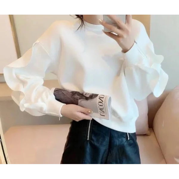 Kadın Bisiklet Yaka Kolları Volan Detay üç Iplik Kumaş Sweat