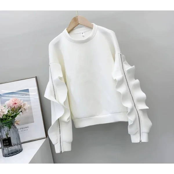 Kadın Bisiklet Yaka Kolları Volan Detay üç Iplik Kumaş Sweat