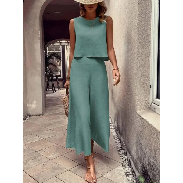 Kadın Bisiklet Yaka Kolsuz Bluz Ve Bol Paça Aerobin Kumaş Ikili Takım