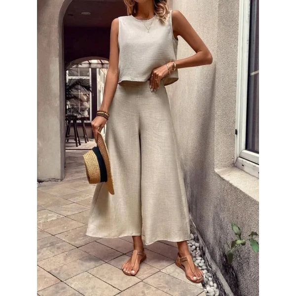 Kadın Bisiklet Yaka Kolsuz Bluz Ve Bol Paça Aerobin Kumaş Ikili Takım