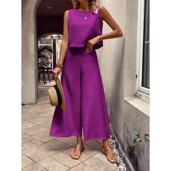 Kadın Bisiklet Yaka Kolsuz Bluz Ve Bol Paça Aerobin Kumaş Ikili Takım