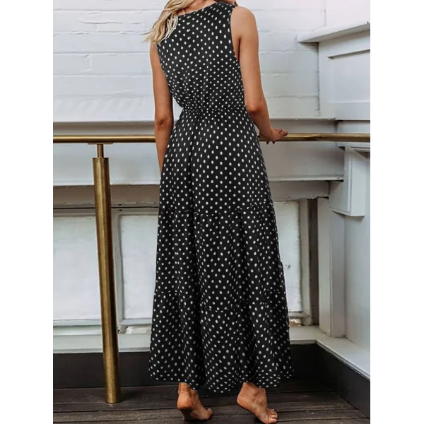 Kadın Bisiklet Yaka Kolsuz Puantiye Baskılı Krep Kumaş Maxi Boy Elbise