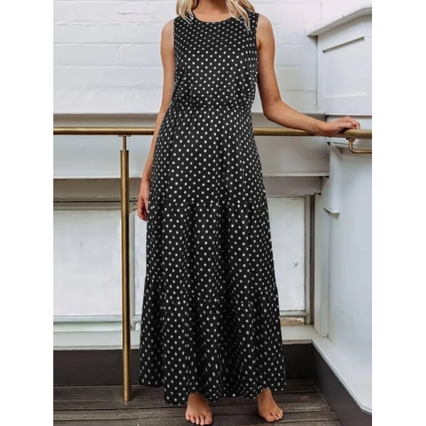 Kadın Bisiklet Yaka Kolsuz Puantiye Baskılı Krep Kumaş Maxi Boy Elbise