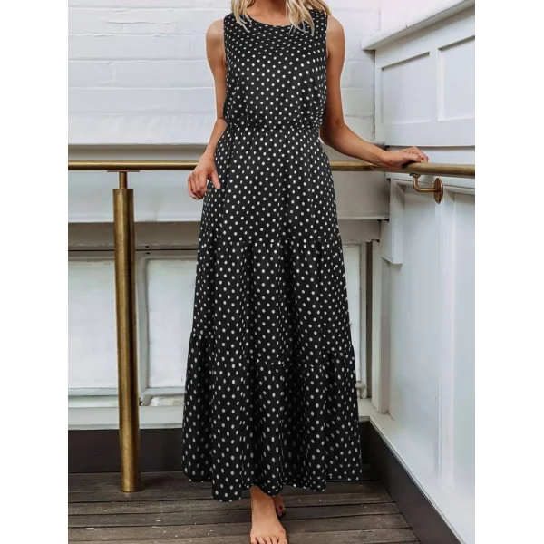 Kadın Bisiklet Yaka Kolsuz Puantiye Baskılı Krep Kumaş Maxi Boy Elbise