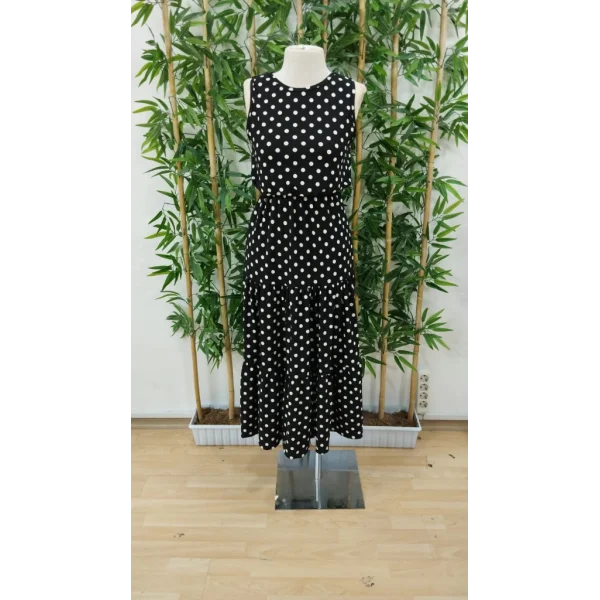 Kadın Bisiklet Yaka Kolsuz Puantiye Baskılı Krep Kumaş Maxi Boy Elbise