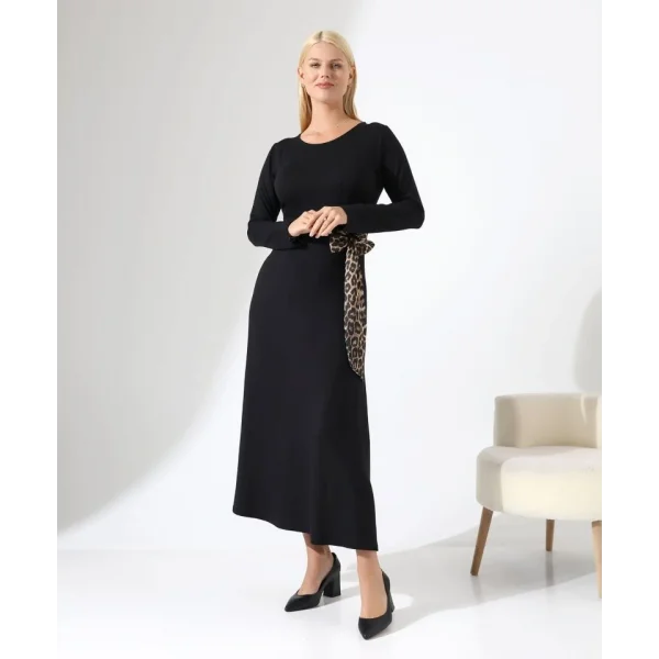 Kadın Bisiklet Yaka Leopar Fiyonk Detay Maxi Boy Elbise