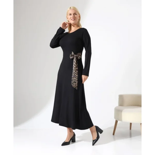 Kadın Bisiklet Yaka Leopar Fiyonk Detay Maxi Boy Elbise