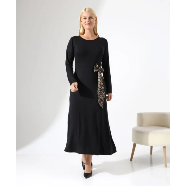 Kadın Bisiklet Yaka Leopar Fiyonk Detay Maxi Boy Elbise