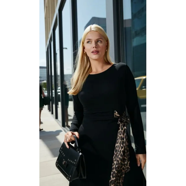 Kadın Bisiklet Yaka Leopar Fiyonk Detay Maxi Boy Elbise