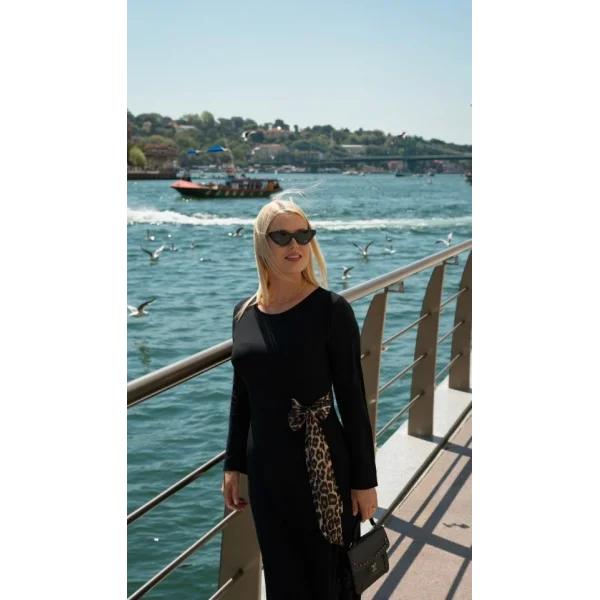 Kadın Bisiklet Yaka Leopar Fiyonk Detay Maxi Boy Elbise