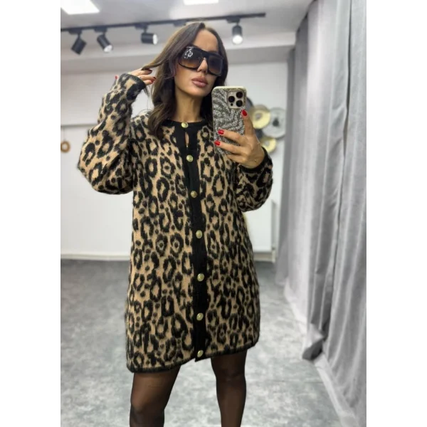 Kadın Bisiklet Yaka Leopar Garnili Düğme Detay Kurka