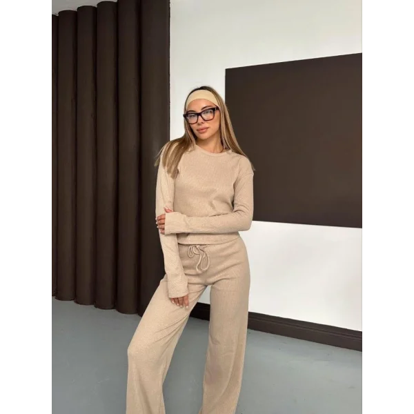 Kadın Bisiklet Yaka Parmak Geçme Detay Uzun Kollu Bluz Ve Pantolon Ikili Takım