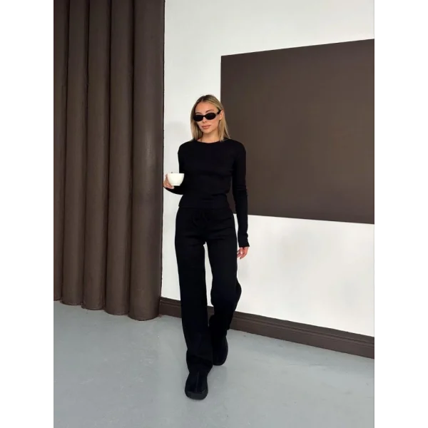 Kadın Bisiklet Yaka Parmak Geçme Detay Uzun Kollu Bluz Ve Pantolon Ikili Takım