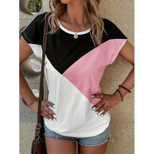 Kadın Bisiklet Yaka üç Renk Viskon T-shirt