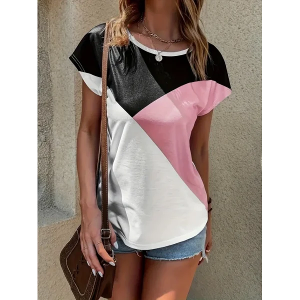 Kadın Bisiklet Yaka üç Renk Viskon T-shirt