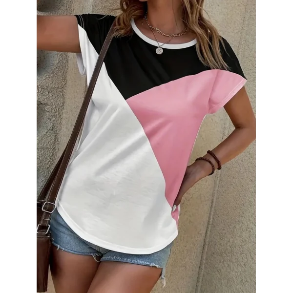Kadın Bisiklet Yaka üç Renk Viskon T-shirt