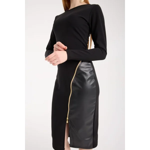 Kadın Bisiklet Yaka Uzun Kollu Deri Ve Fermuar Detay Mini Yırtmaçlı Elbise