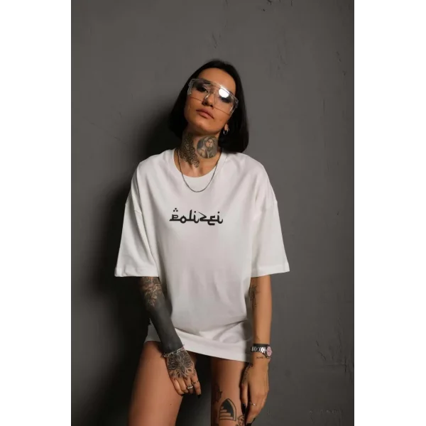 Kadın Bisiklet Yakalı Sırt Baskılı Oversize T-Shirt - Beyaz