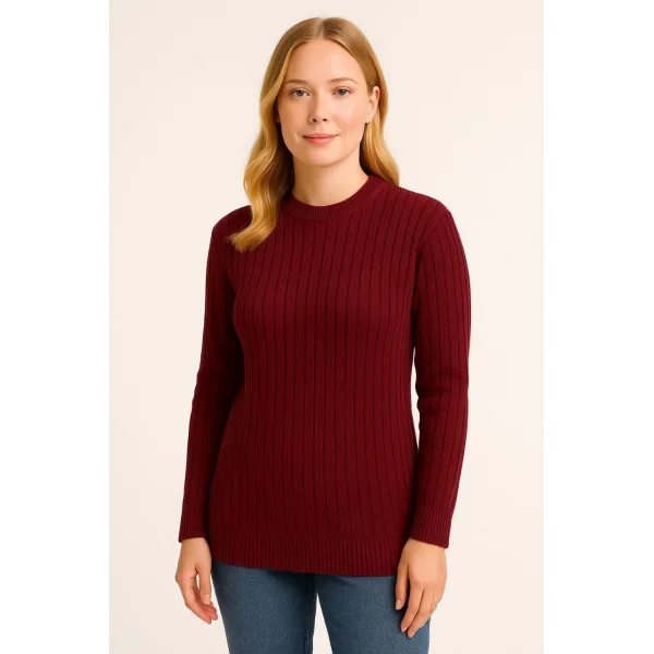 Kadın Bisiklet Yuvarlak Yaka Triko Kazak Pamuklu Kalın Fitilli Dokuma, Regular Fit Uzun Kollu Kışlık Model - Bordo