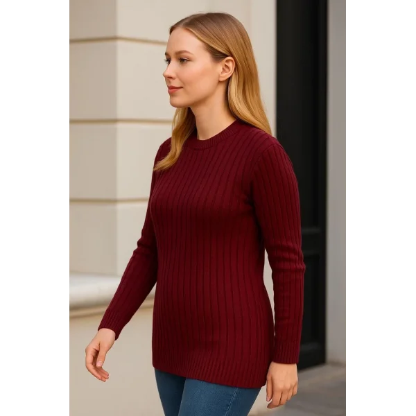 Kadın Bisiklet Yuvarlak Yaka Triko Kazak Pamuklu Kalın Fitilli Dokuma, Regular Fit Uzun Kollu Kışlık Model - Bordo